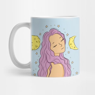 Purple Haired Girl with Moons and Stars Illustration Mug